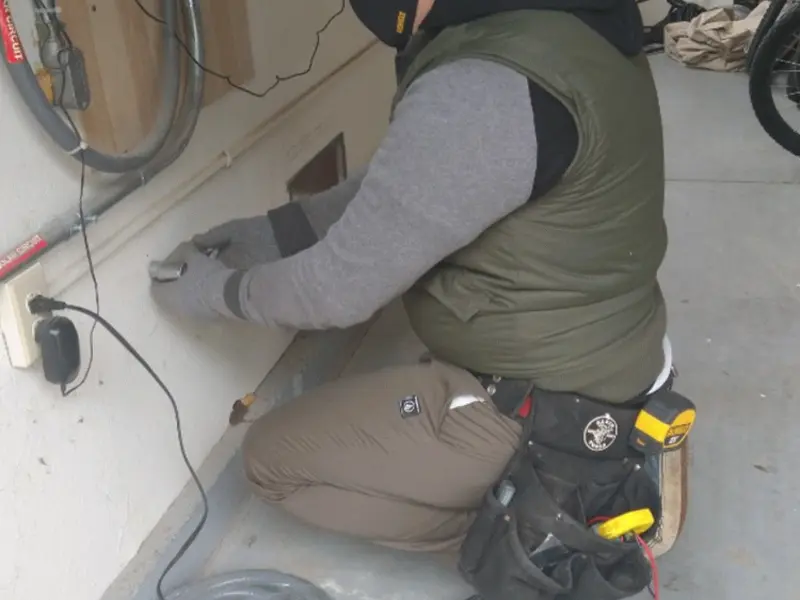 Electrician performing outlet wiring in a Lincoln garage